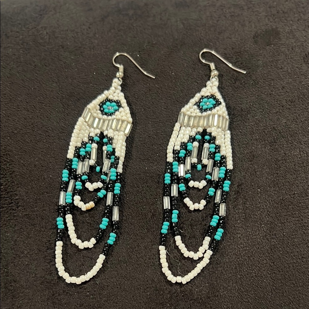 Authentic Native American Beaded Drop Dangle Earr… - image 1